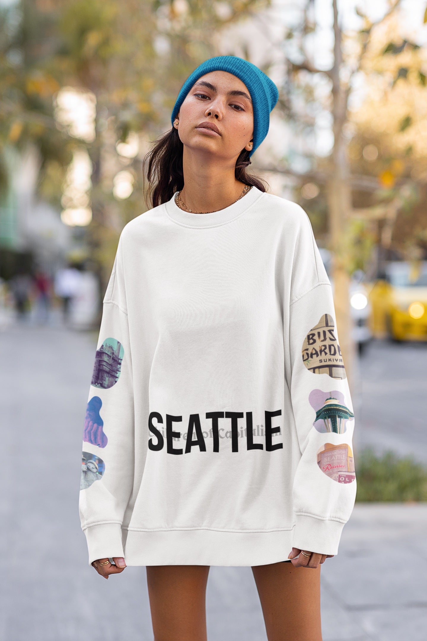 seattle streetwear brand - seattle star map oversize fleece white sweatshirt by wacc - streetwear with prints on sleeves - sweatshirt with gasworks space needle troll prints