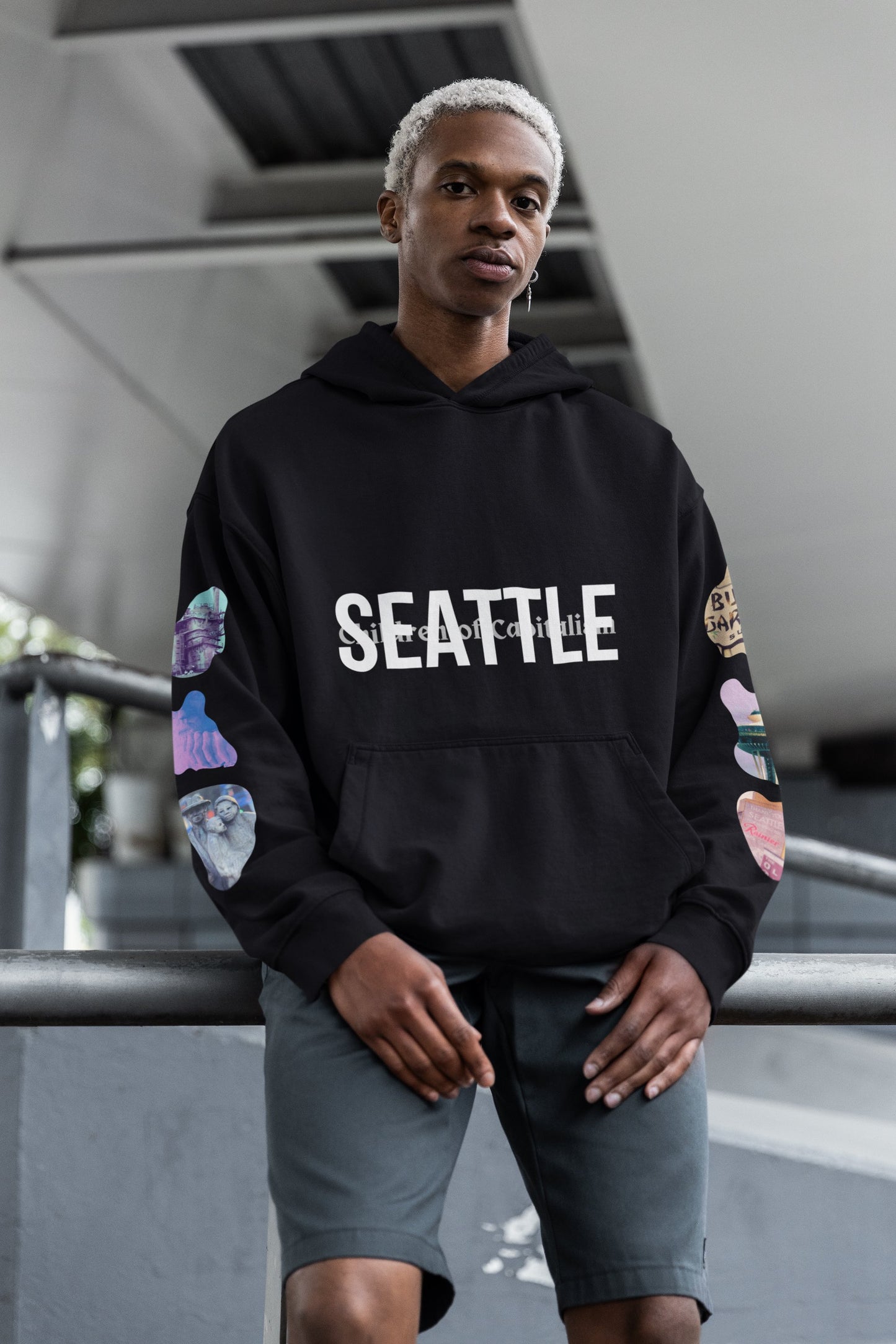 seattle streetwear brand - seattle star map oversize fleece hoodie by wacc - streetwear with prints on sleeves - sweatshirt with gasworks space needle troll prints