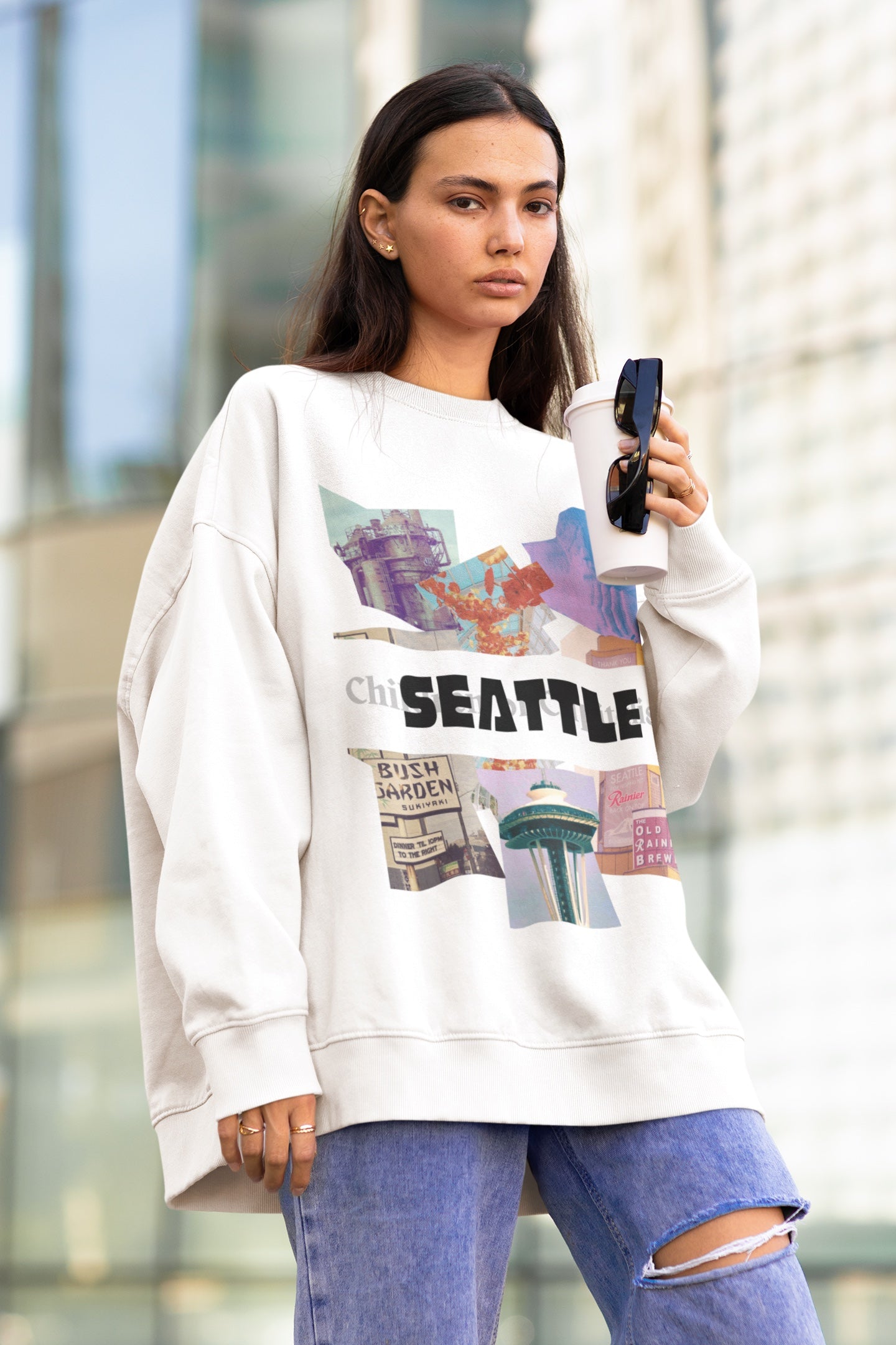 Seattle streetwear by wacc - puzzles pattern oversize fleece sweatshirt - 206 streetwear - white