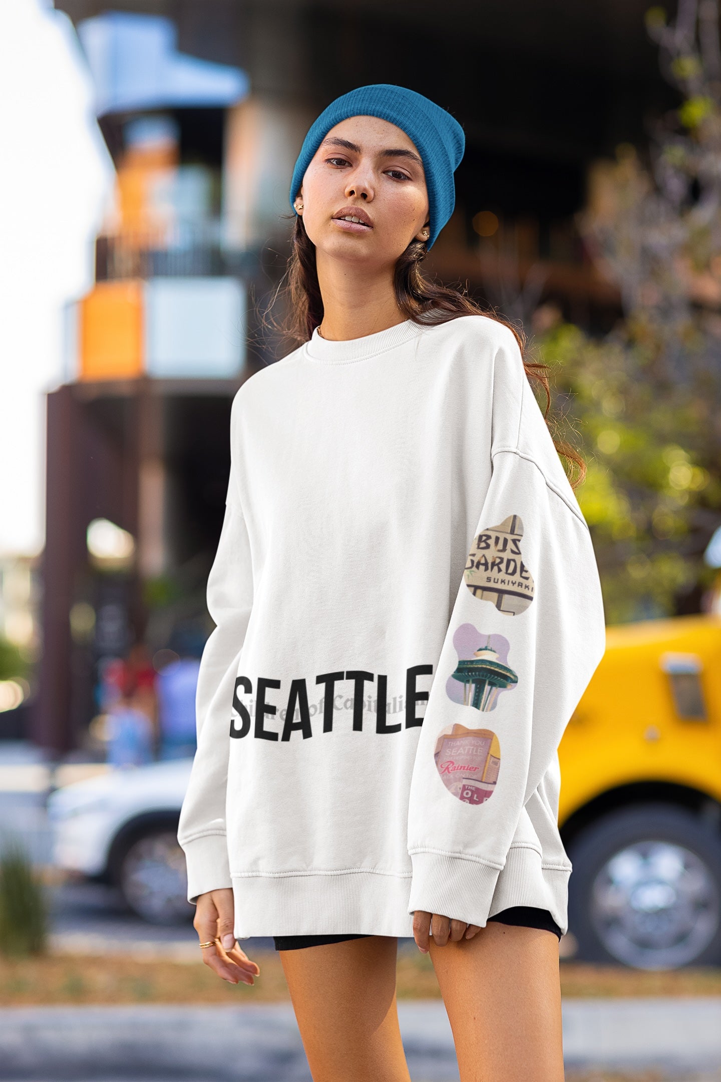 seattle streetwear brand - seattle star map oversize fleece white sweatshirt by wacc - streetwear with prints on sleeves - sweatshirt with gasworks space needle troll prints