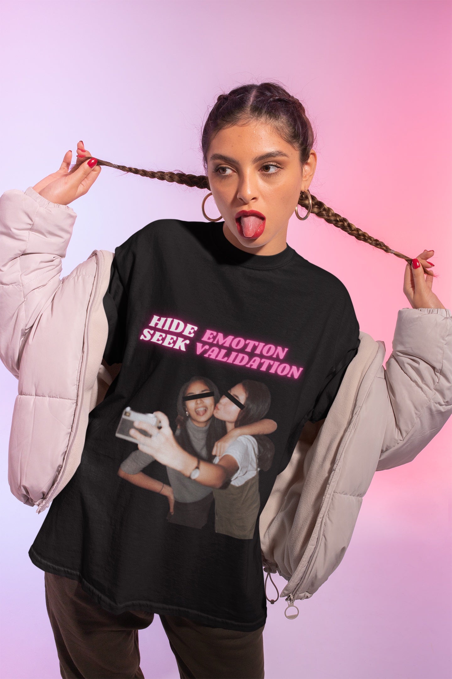 hide emotion seek validation graphic tshirt - girls taking selfie graphic tee - vanity satire irony tshirt