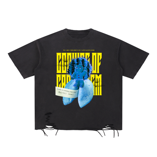 Black t-shirt with three types of cookies in blue color and yellow text