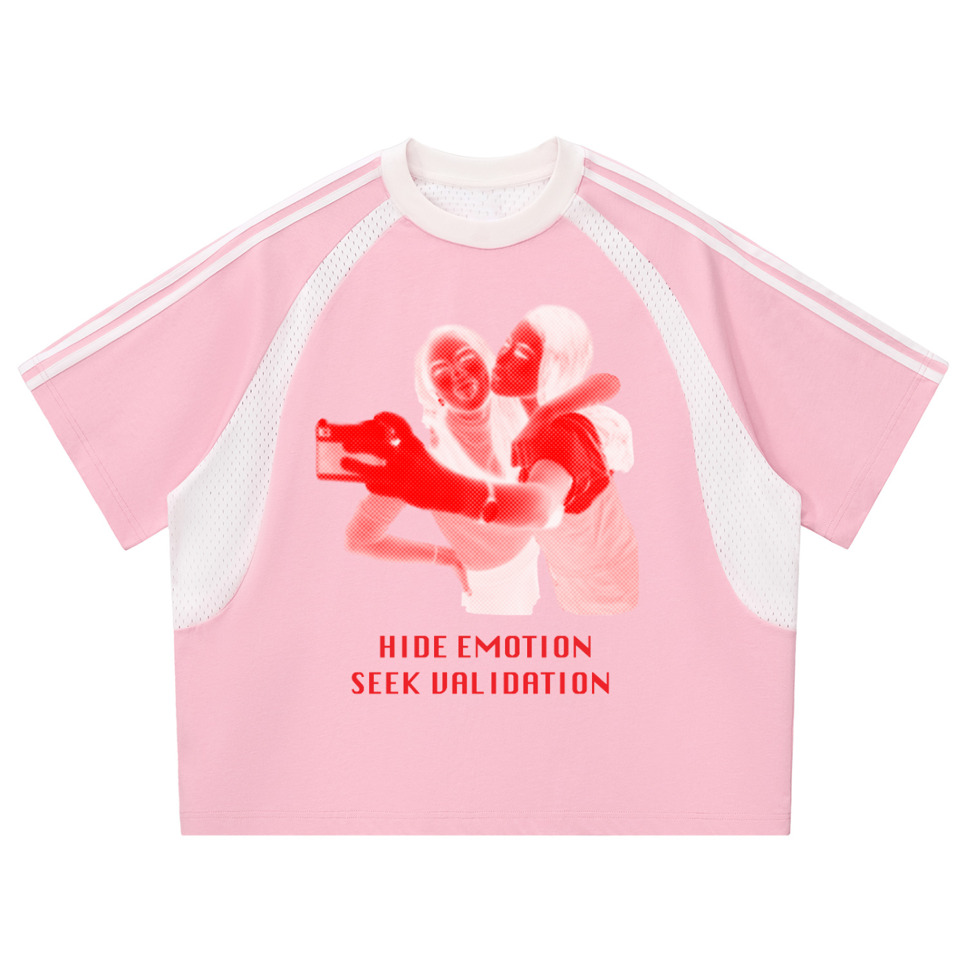 Pink t-shirt with an image of two girls taking selfie and text on a pink background