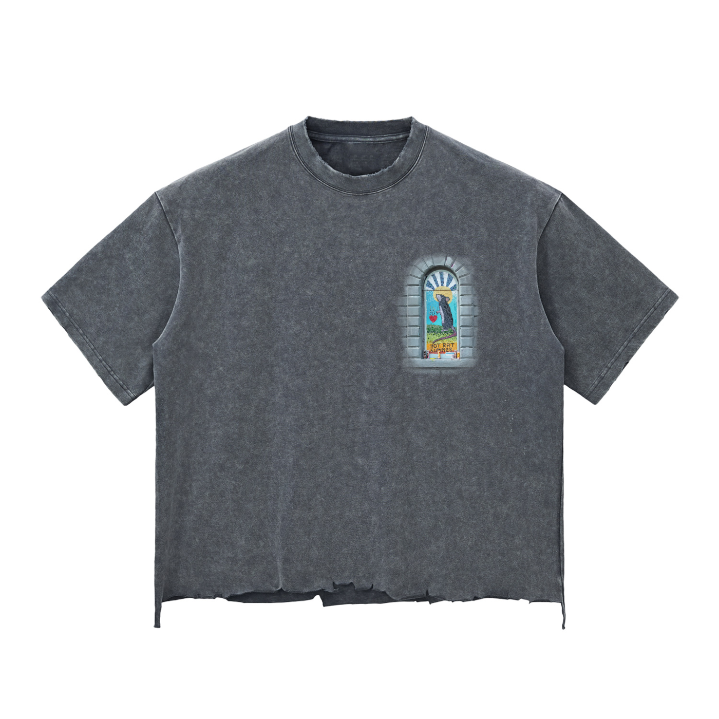Gray t-shirt with an image of Seattle Cap Hill's Hot Rat Summer mural and distressed hem
