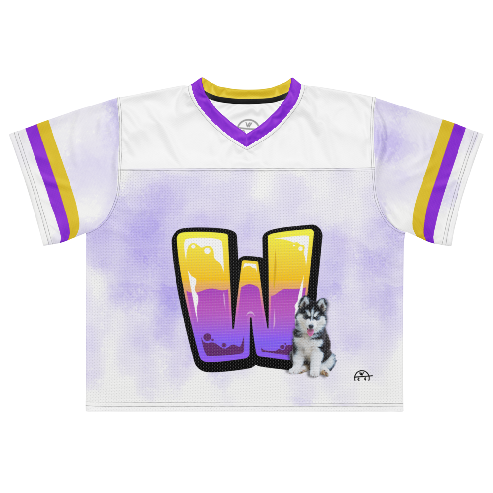 football jersey with purple and gold 'W' design and a husky on a air brush style purple background
