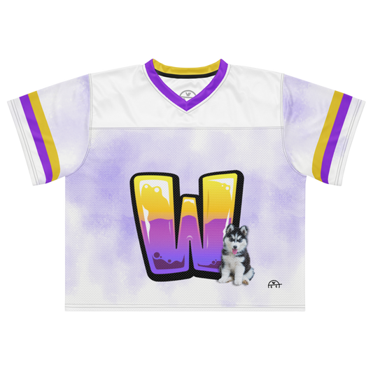 football jersey with purple and gold 'W' design and a husky on a air brush style purple background