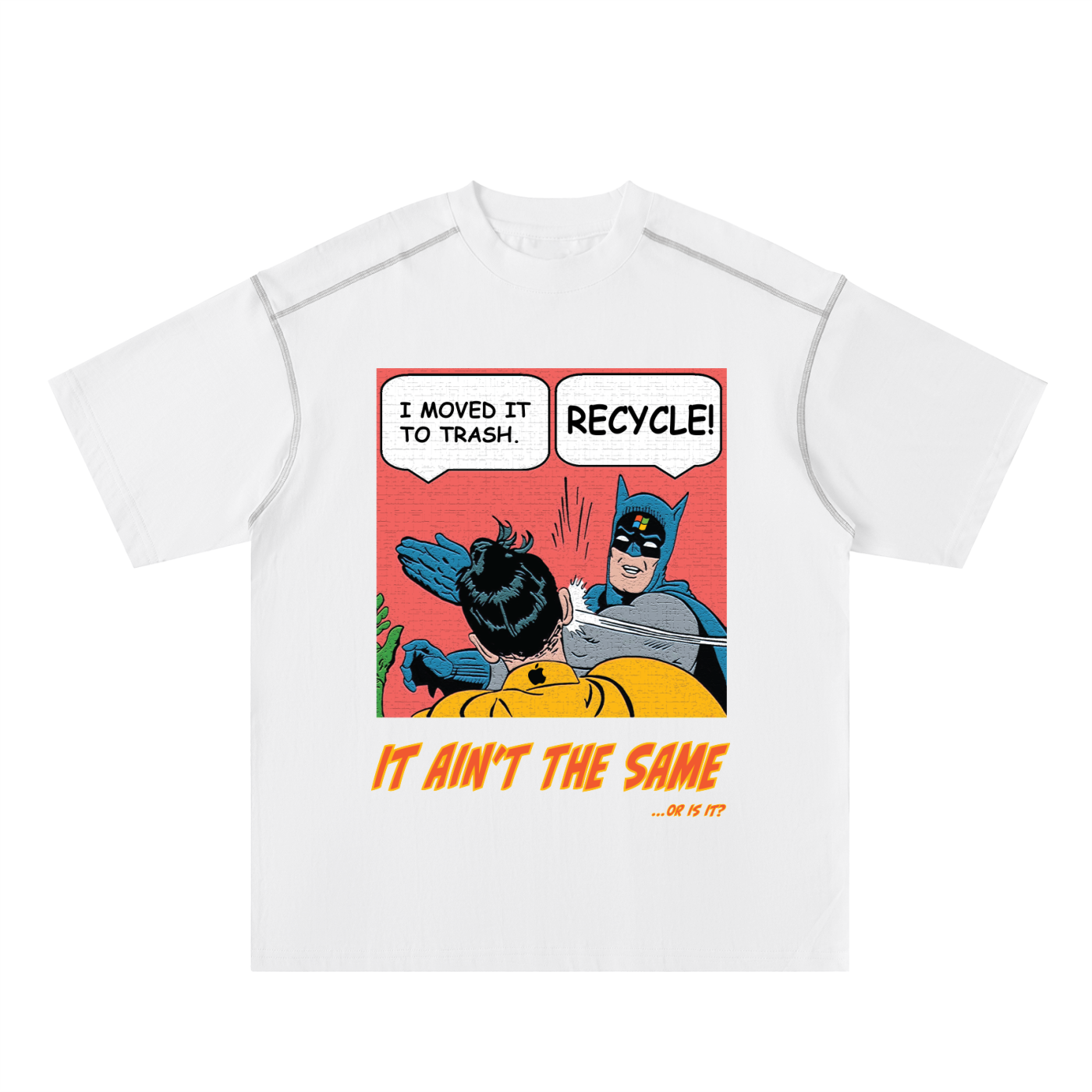 White oversize t-shirt with a graphic of batman slapping robin and recycling-themed text on a white background