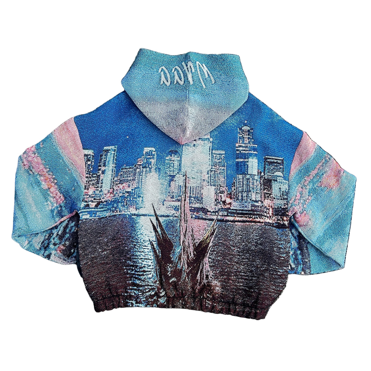 A boxy fit pullover hoodie featuring a detailed skyline and waterfront of Seattle and a monster lurking in the darkness