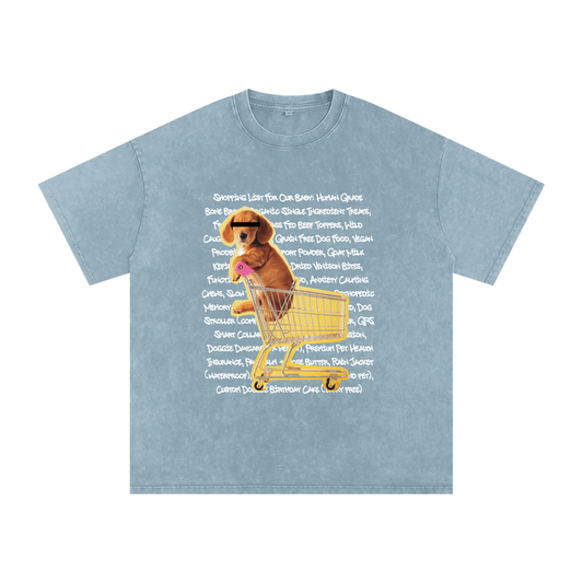 Light blue oversize t-shirt with a graphic of a puppy in a shopping cart and text on a white background