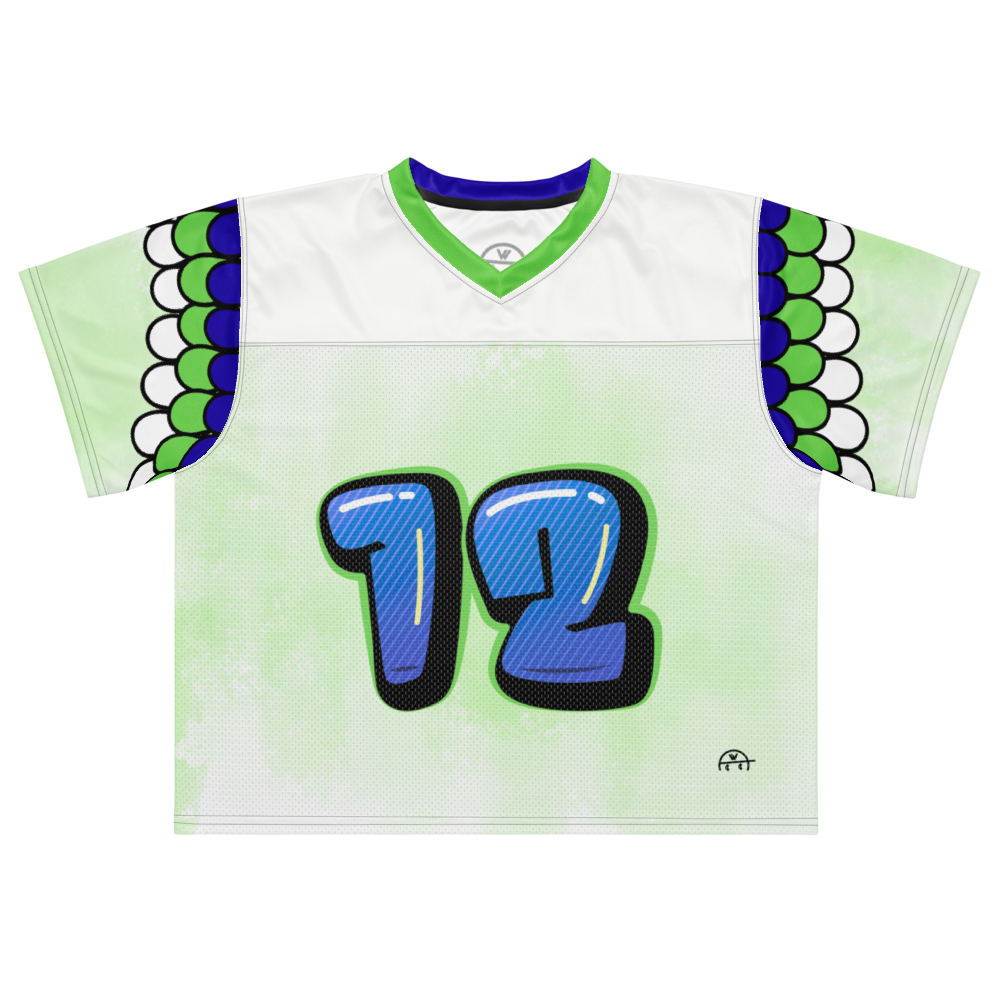 football jersey with green and blue accents and the number 12 and Blitz feathers printed on it.