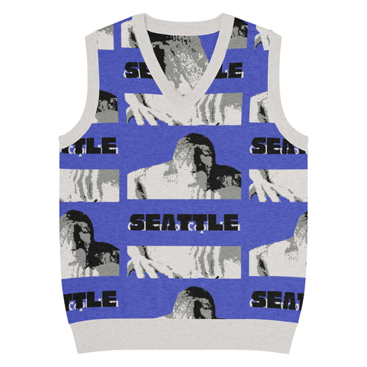 Blue sleeveless knitted vest with 'Seattle' text and Troll images