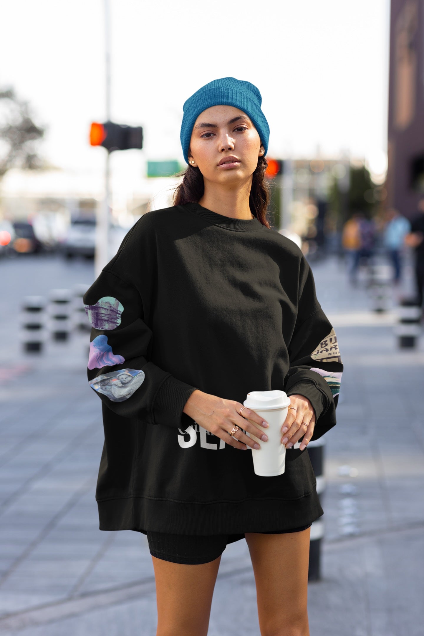 seattle streetwear - seattle star map oversize fleece black sweatshirt by wacc - streetwear with prints on sleeves - sweatshirt with gasworks space needle troll prints